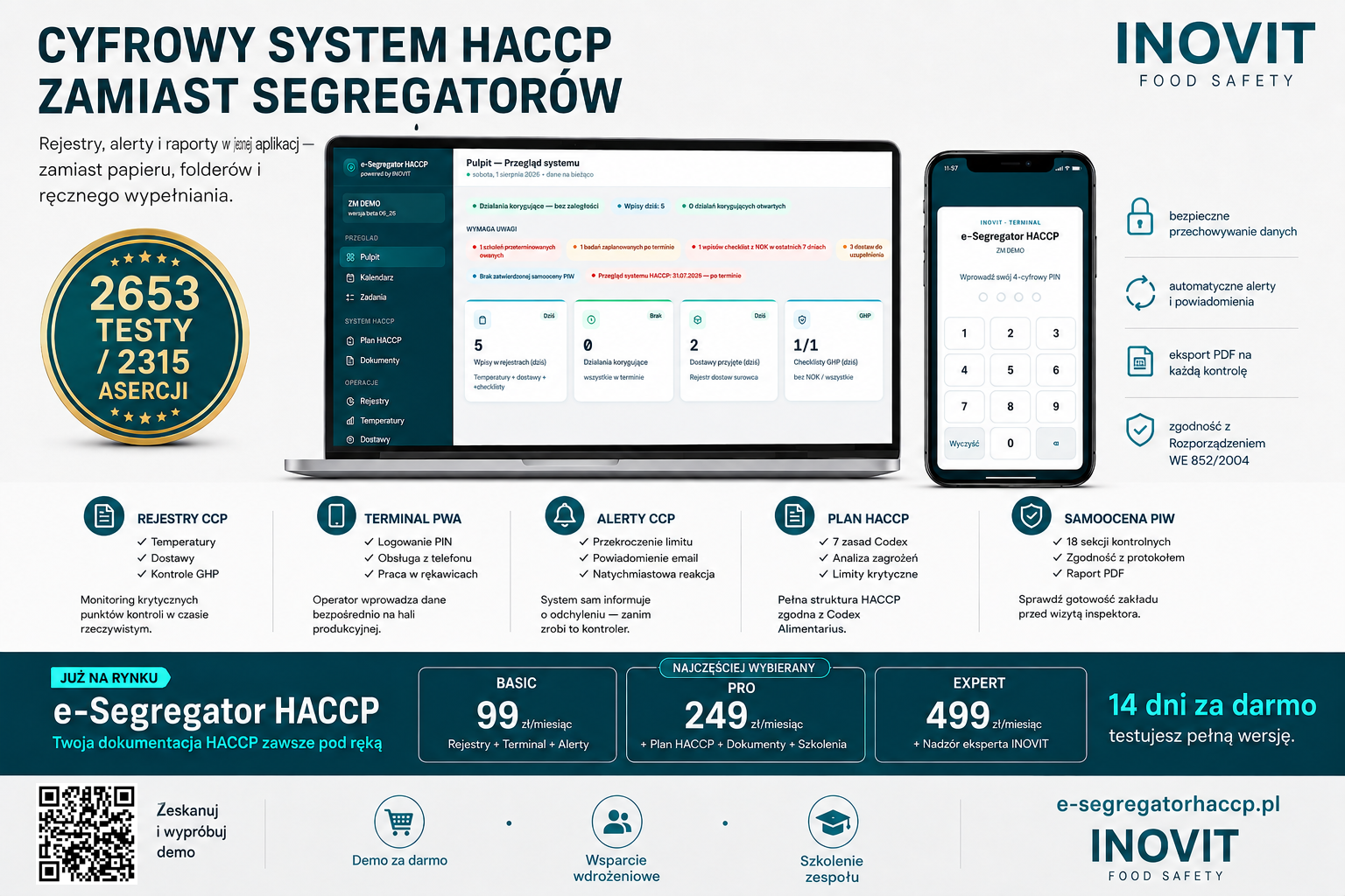 Ulotka e-Segregator HACCP — moduły, testy i cennik